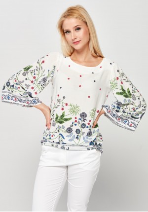 White Viscose Blouse with Flowers