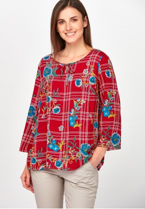 Checkered red Blouse with flowers