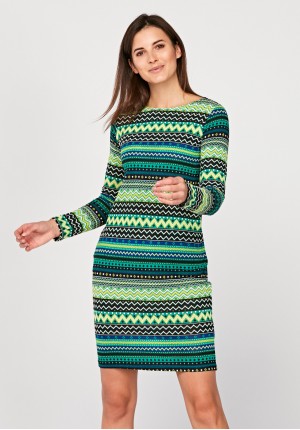 Fitted knitted dress with green patterns