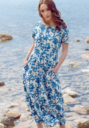 Lniana długa sukienka w niebieskie liście