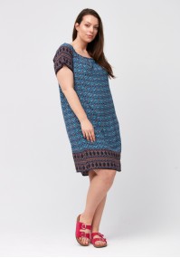 Blue off-shoulder dress with geometric pattern
