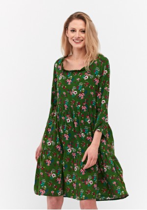 Green floral midi dress with a square neckline