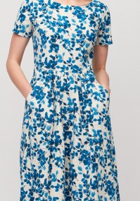 Lniana długa sukienka w niebieskie liście