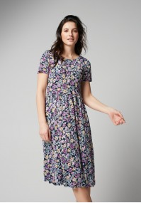 Tapered waist dress with purple flowers
