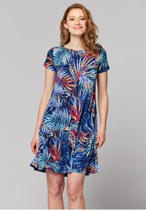 Dress with frill and colorful leaves pattern