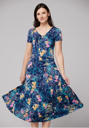 Midi navy blue dress with flowers