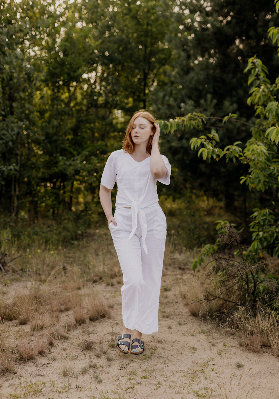 Białe lniane proste spodnie 5033