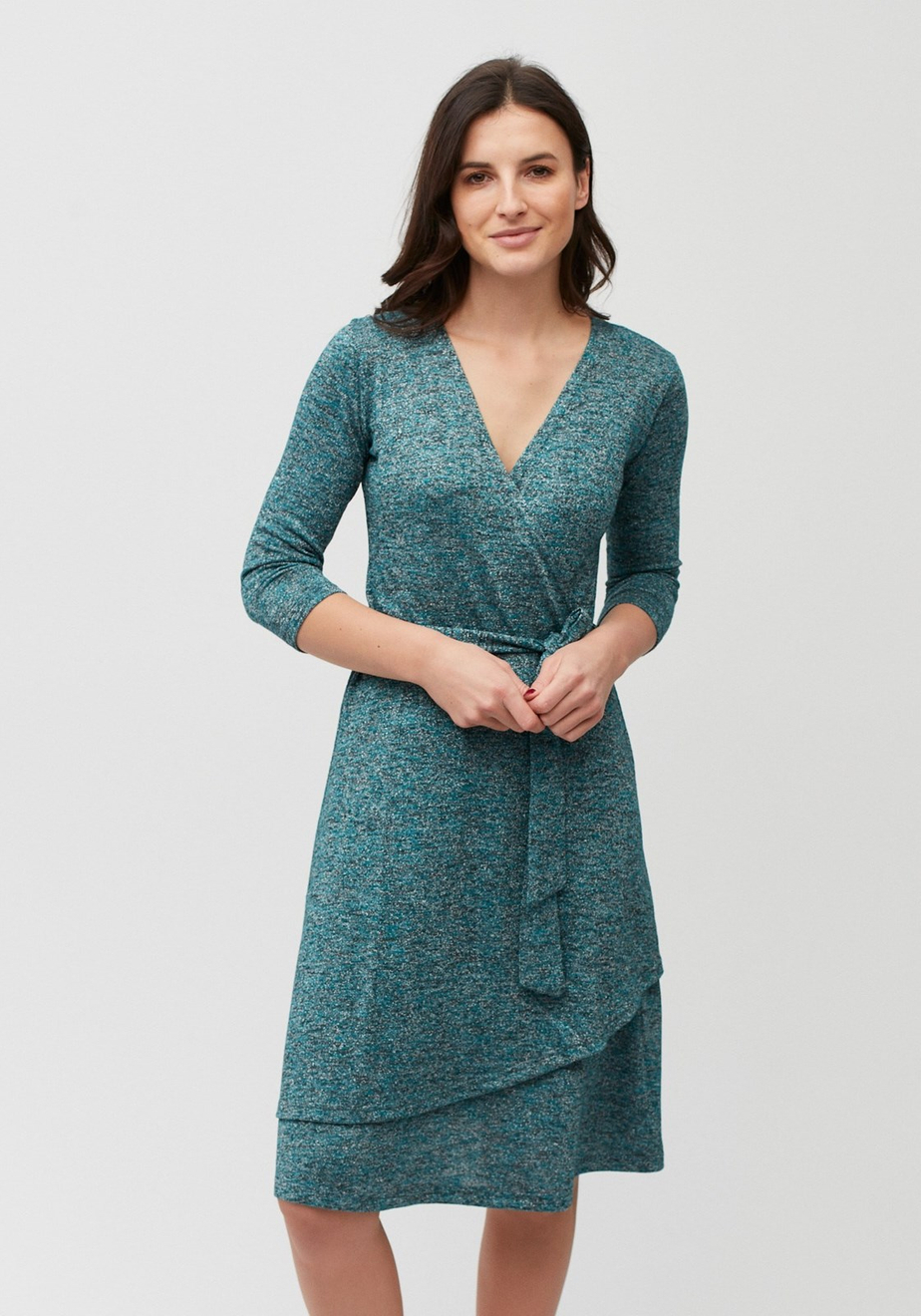 Turkusowo-srebrna sukienka z kopertowym dekoltem 1336