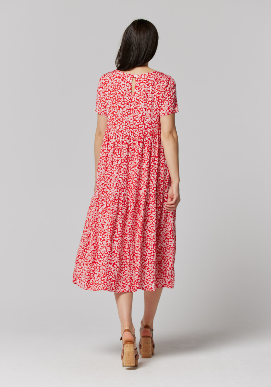 Długa, czerwona sukienka w białe kwiatki 1079