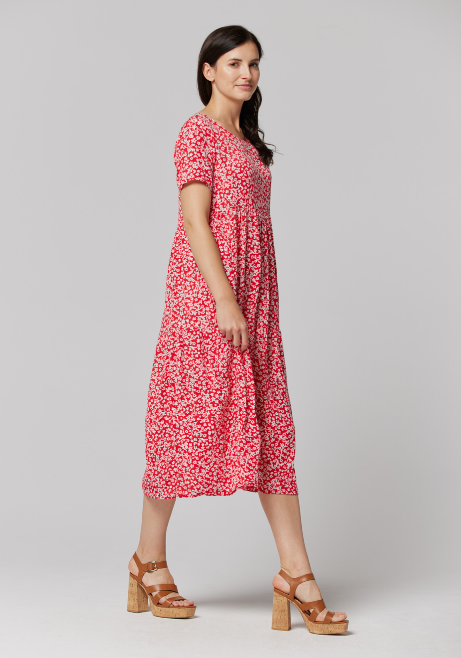 Długa, czerwona sukienka w białe kwiatki 1079