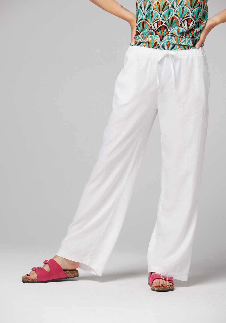 Białe lniane proste spodnie 5033