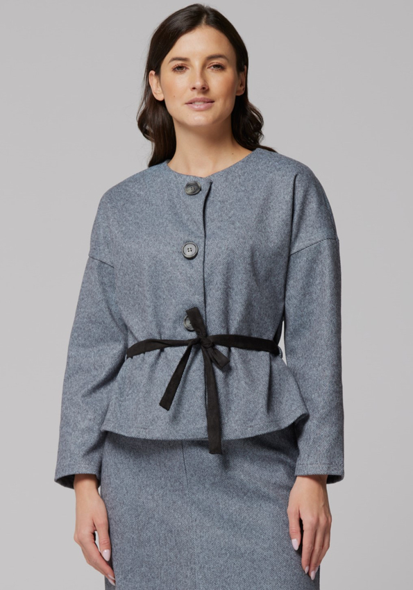 Szary prosty żakiet z wiązaniem 3261