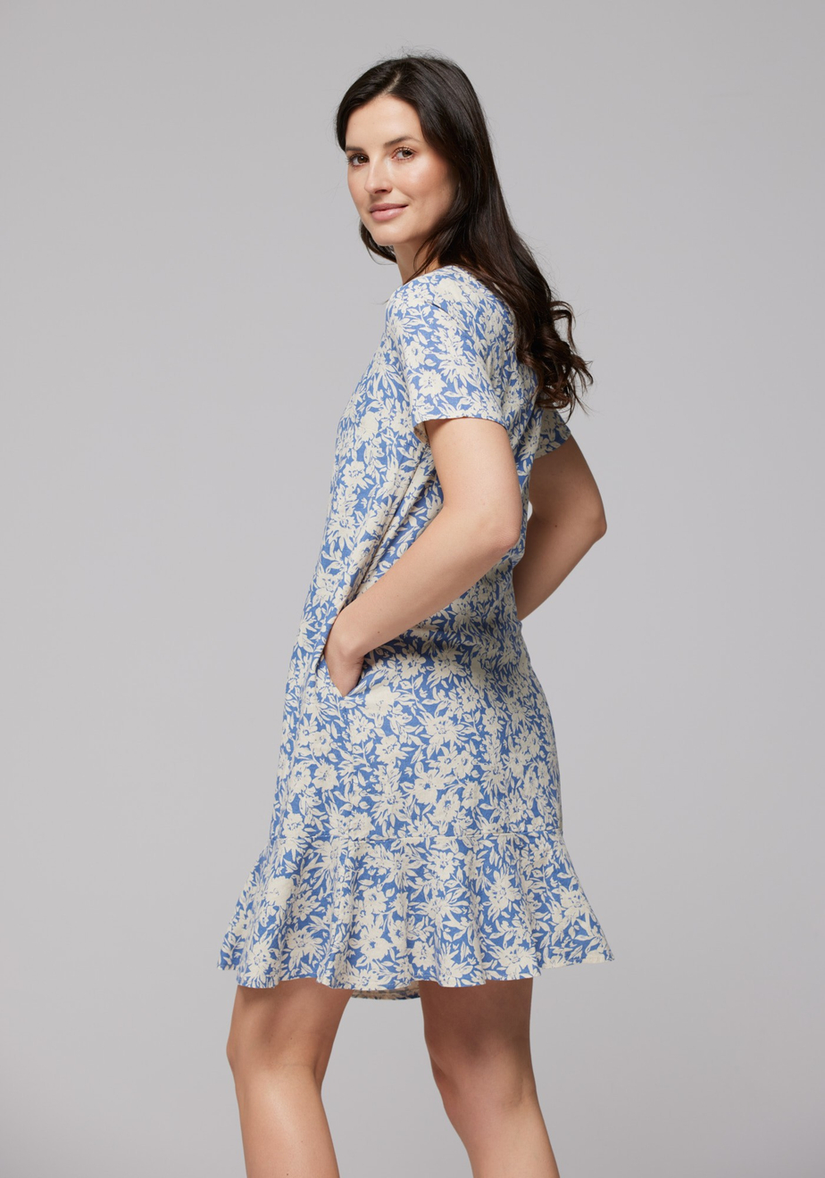 Błękitna lniana sukienka w kwiatki 1364