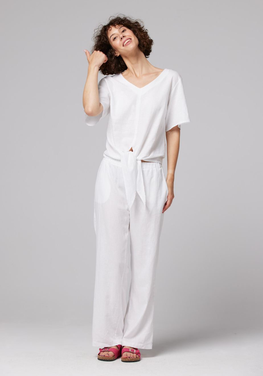 Białe lniane proste spodnie 5033