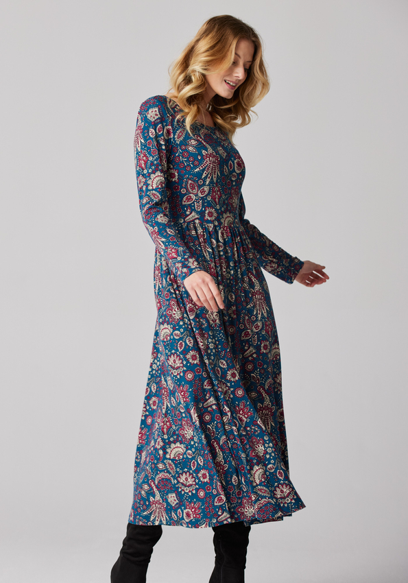 Długa sukienka w morskim kolorze w paisley 1978