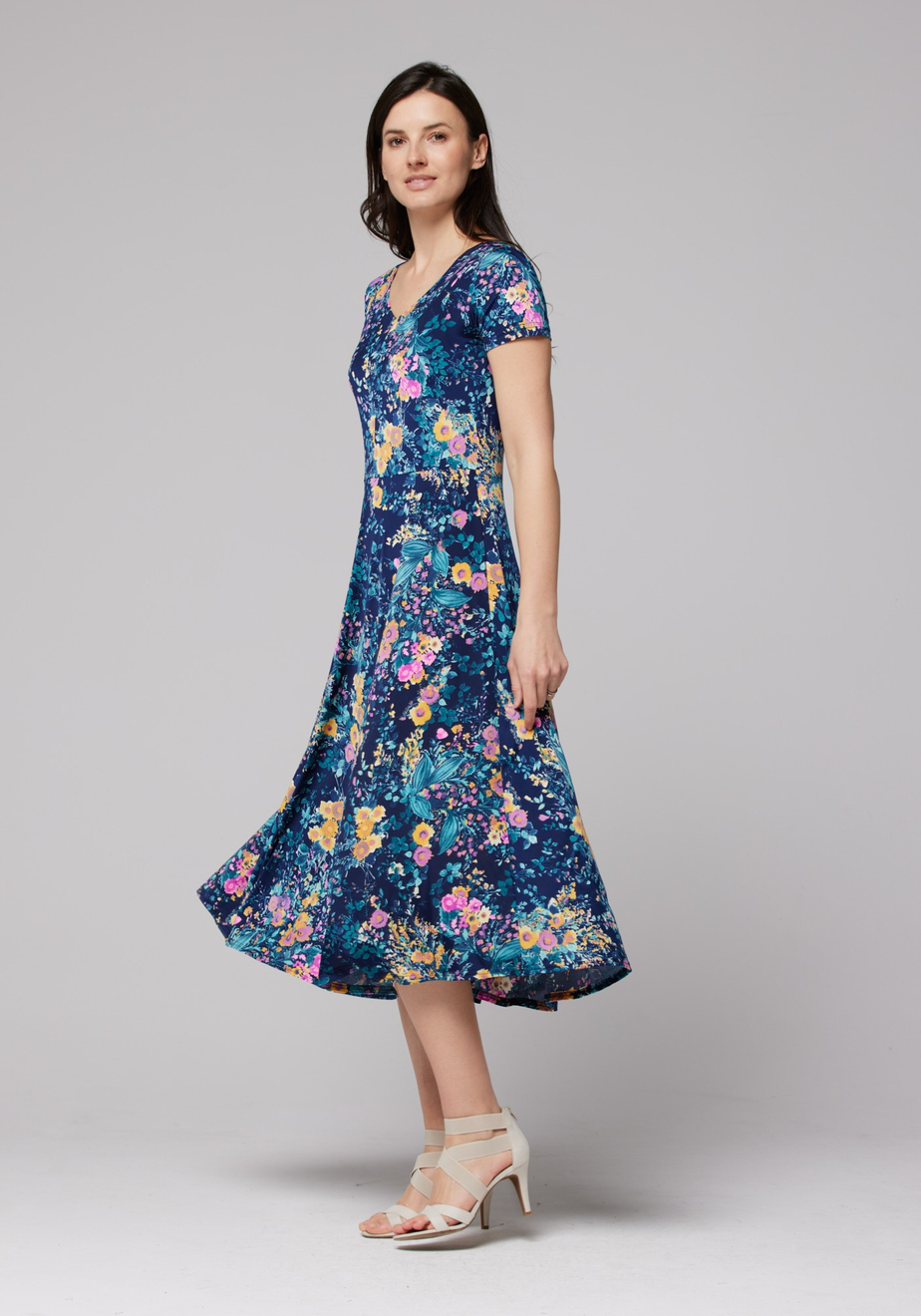 Midi granatowa sukienka kwiaty 1453