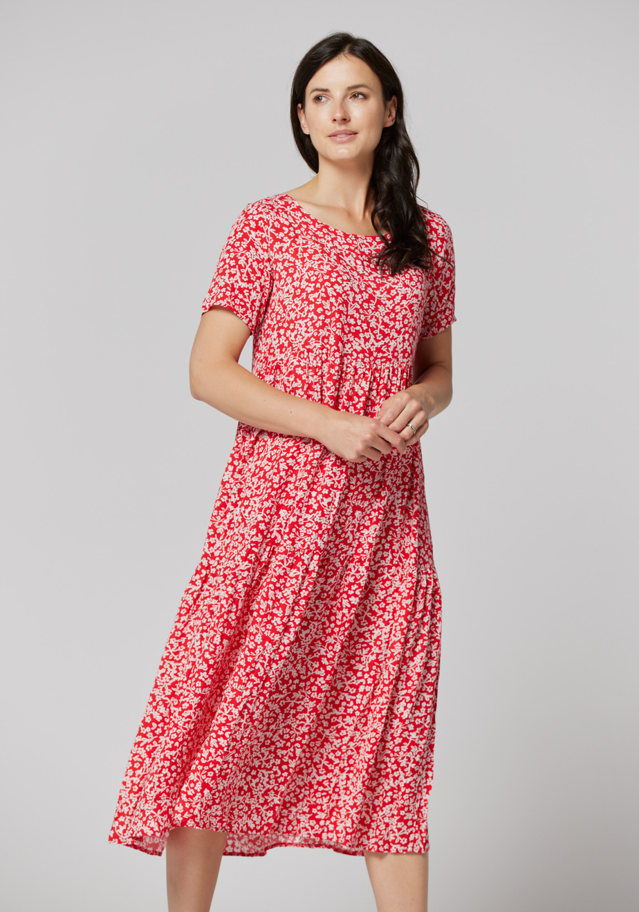 Długa, czerwona sukienka w białe kwiatki 1079