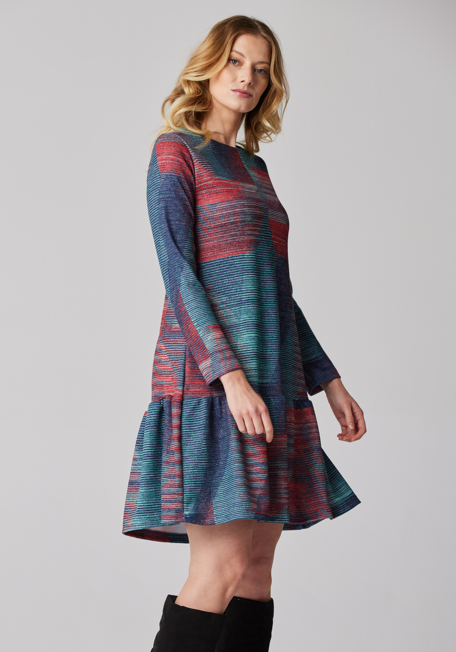 Niebiesko-czerwona sukienka z falbaną 1943