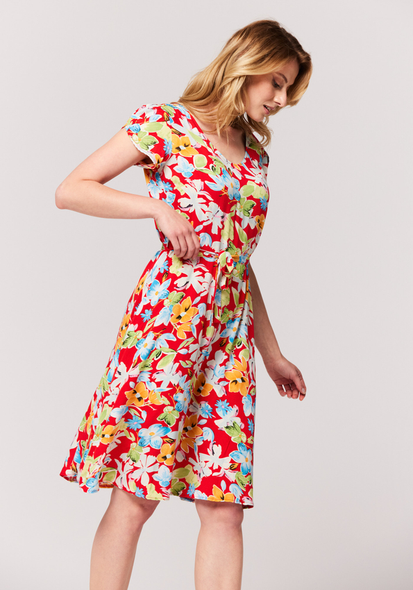 Kwiecista rozkloszowana sukienka z paskiem 1090