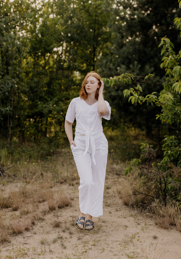 Białe lniane proste spodnie 5033