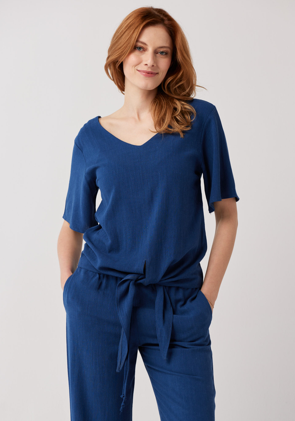 Granatowa bluzka z wiązaniem w pasie 3325